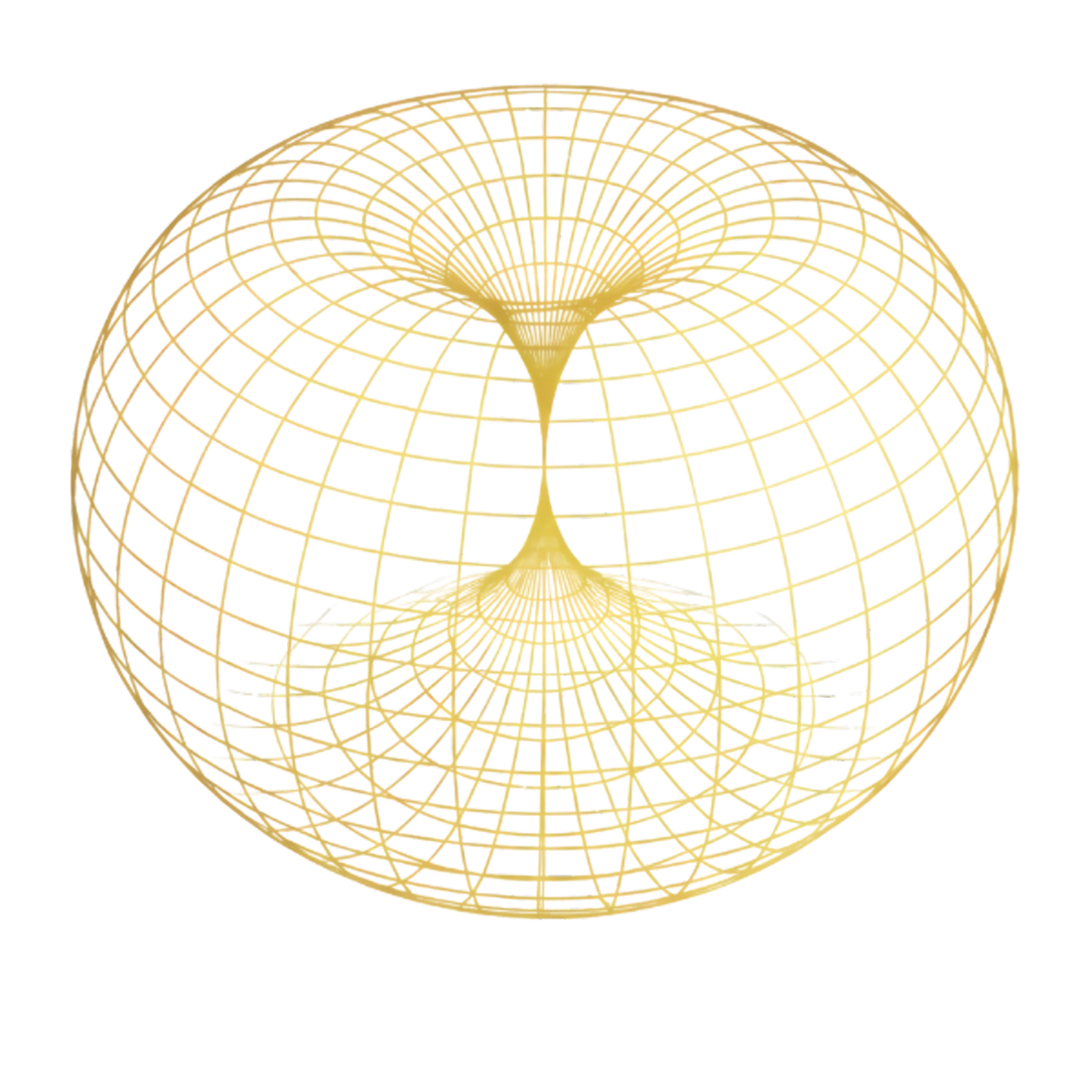 Spiritual Luxe Wear gold torus sacred geometry symbol featuring a luminous wireframe toroidal field with a central vortex, transparent background